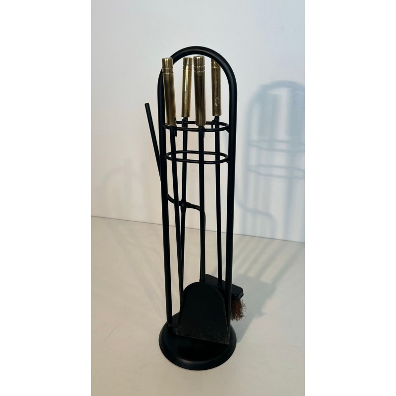 Modernist Black Lacquered and Brass Fireplace Companion Set with Cage Stand and Ring Handle