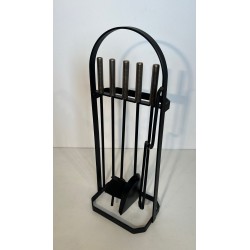 Modernist Black Lacquered and Chrome Fireplace Companion Set with Cage Stand, Floor or Wall Mount