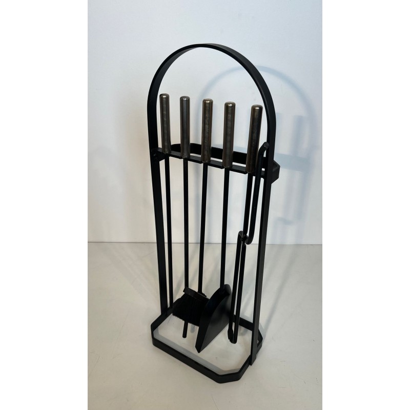 Modernist Black Lacquered and Chrome Fireplace Companion Set with Cage Stand, Floor or Wall Mount