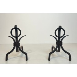 Pair of Modernist Wrought Iron Andirons with Loop Finials in the Style of Jean Royère