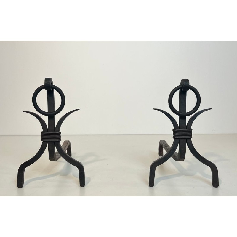 Pair of Modernist Wrought Iron Andirons with Loop Finials in the Style of Jean Royère