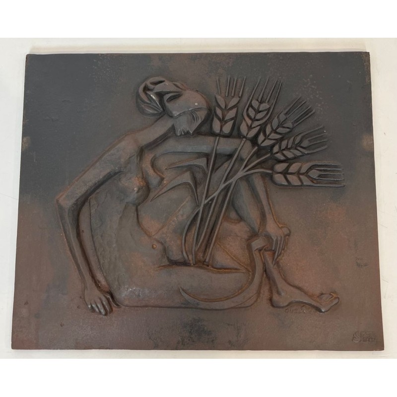 Modernist Cast Iron Fireback with Nude Woman Harvesting, Foundry Stern, Signed Quellier