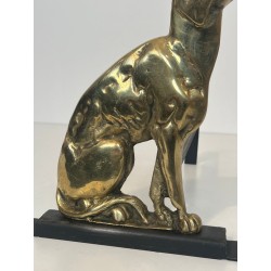 Paire de Chenets Art Déco en Bronze Cisélé à Décor de Chiens de Chasse sur Bases Noires
