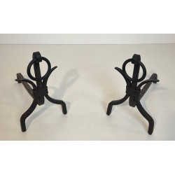 Pair of Modernist Wrought Iron Andirons with Loop Finials in the Style of Jean Royère