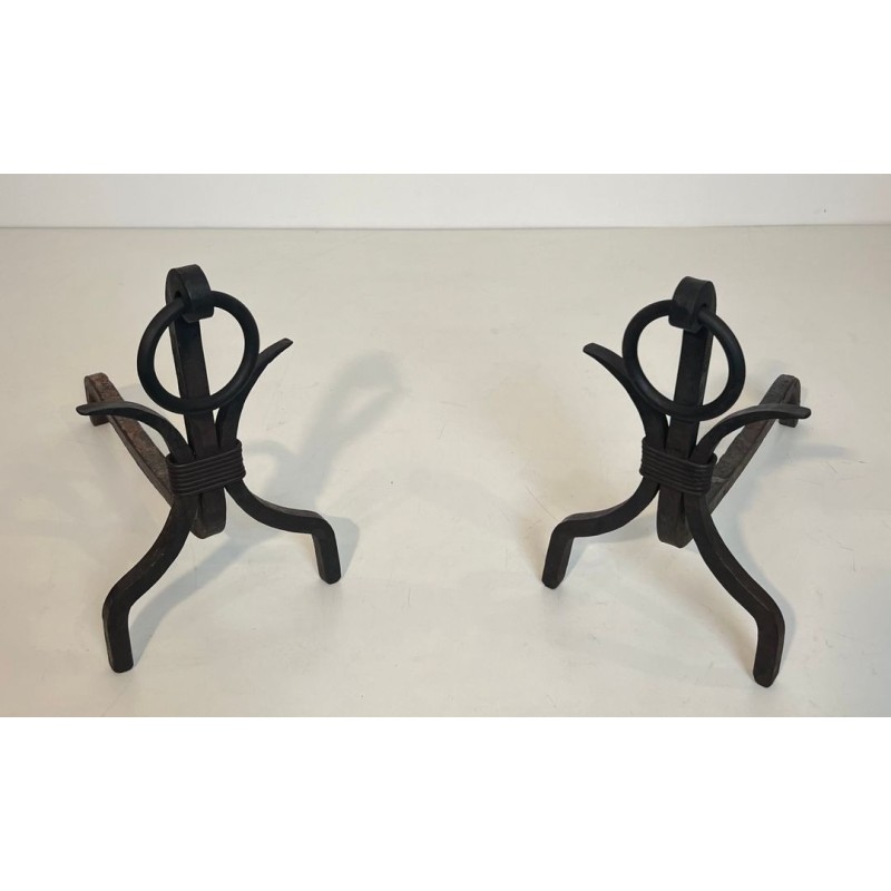Pair of Modernist Wrought Iron Andirons with Loop Finials in the Style of Jean Royère