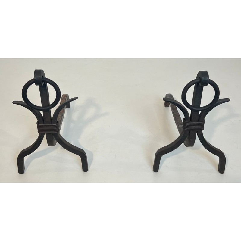 Pair of Modernist Wrought Iron Andirons with Loop Finials in the Style of Jean Royère