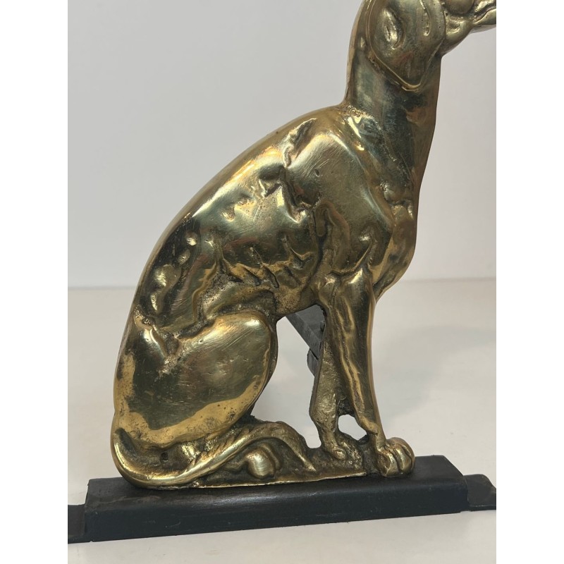 Paire de Chenets Art Déco en Bronze Cisélé à Décor de Chiens de Chasse sur Bases Noires