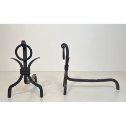 Pair of Modernist Wrought Iron Andirons with Loop Finials in the Style of Jean Royère