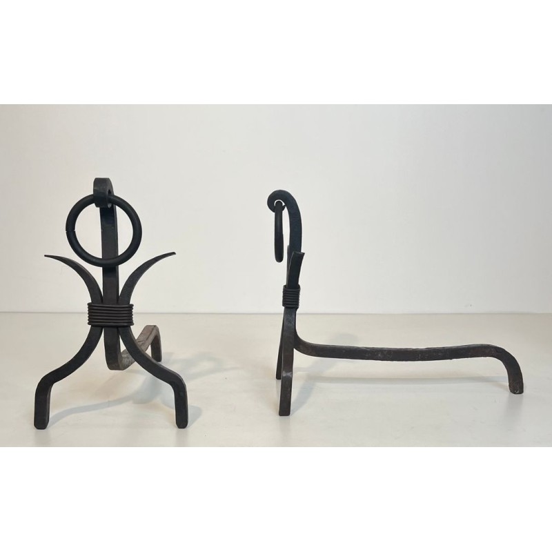 Pair of Modernist Wrought Iron Andirons with Loop Finials in the Style of Jean Royère