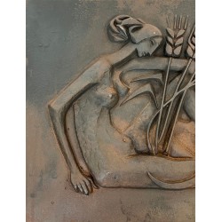 Plaque de Cheminée Moderniste en Fonte, Femme Nue à la Faux, Fonderie Stern, Signée Quellier