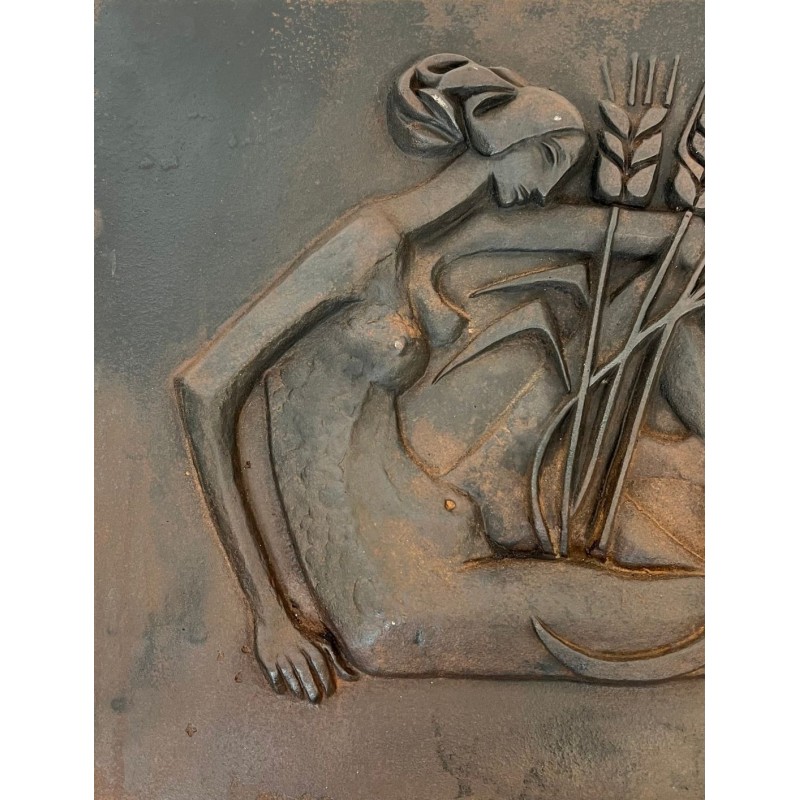 Modernist Cast Iron Fireback with Nude Woman Harvesting, Foundry Stern, Signed Quellier