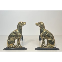 Pair of Art Déco Chiseled Bronze Sporting Dog Andirons on Black Iron Bases