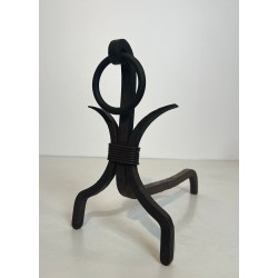 Pair of Modernist Wrought Iron Andirons with Loop Finials in the Style of Jean Royère