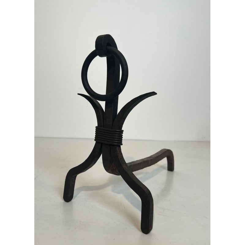 Pair of Modernist Wrought Iron Andirons with Loop Finials in the Style of Jean Royère