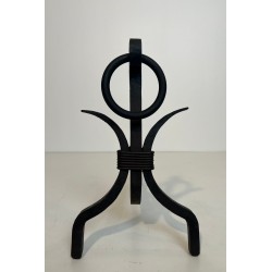 Pair of Modernist Wrought Iron Andirons with Loop Finials in the Style of Jean Royère