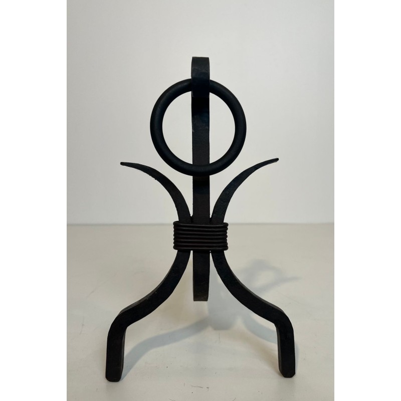 Pair of Modernist Wrought Iron Andirons with Loop Finials in the Style of Jean Royère