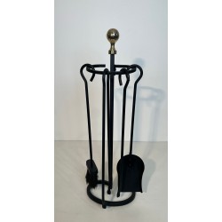 Modernist Black Lacquered Metal and Brass Fireplace Companion Set with Horseshoe Base