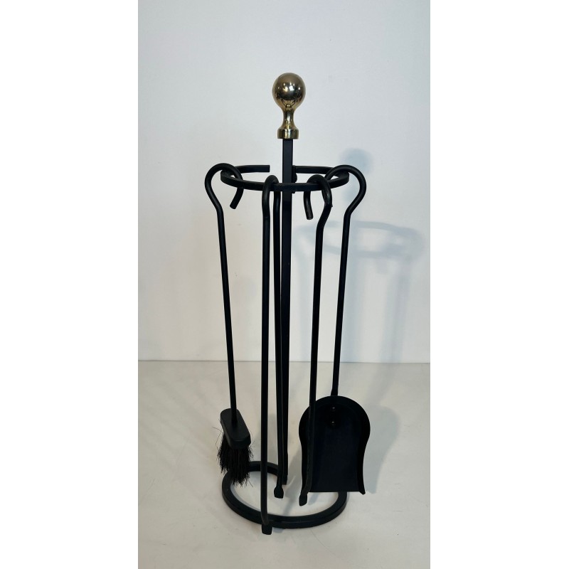 Modernist Black Lacquered Metal and Brass Fireplace Companion Set with Horseshoe Base