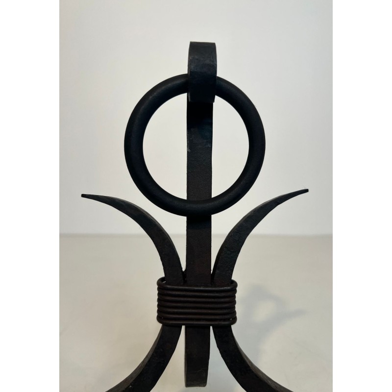 Paire de Chenets Modernistes en Fer Forgé à Finiales en Boucle, dans le Goût de Jean Royère