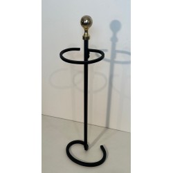 Modernist Black Lacquered Metal and Brass Fireplace Companion Set with Horseshoe Base