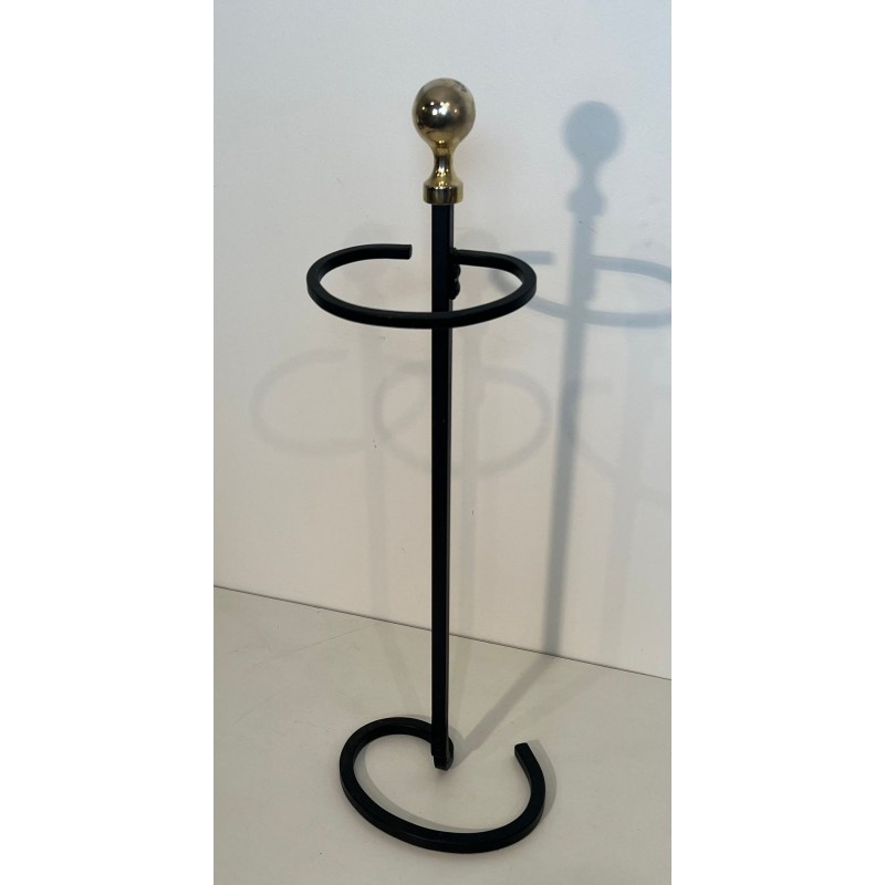 Modernist Black Lacquered Metal and Brass Fireplace Companion Set with Horseshoe Base