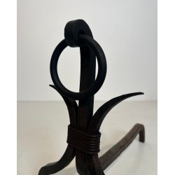 Pair of Modernist Wrought Iron Andirons with Loop Finials in the Style of Jean Royère