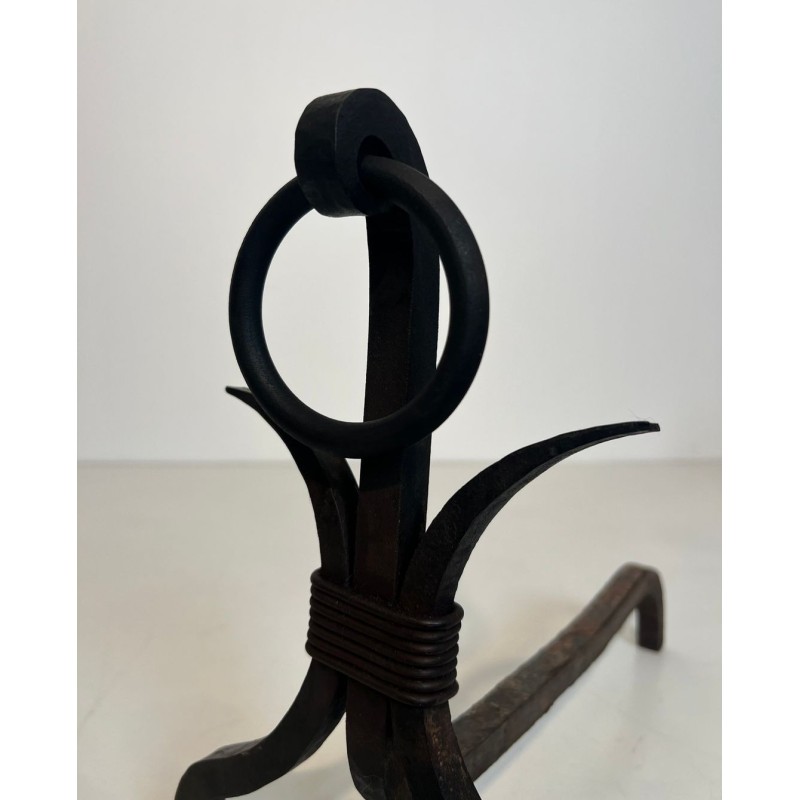 Pair of Modernist Wrought Iron Andirons with Loop Finials in the Style of Jean Royère
