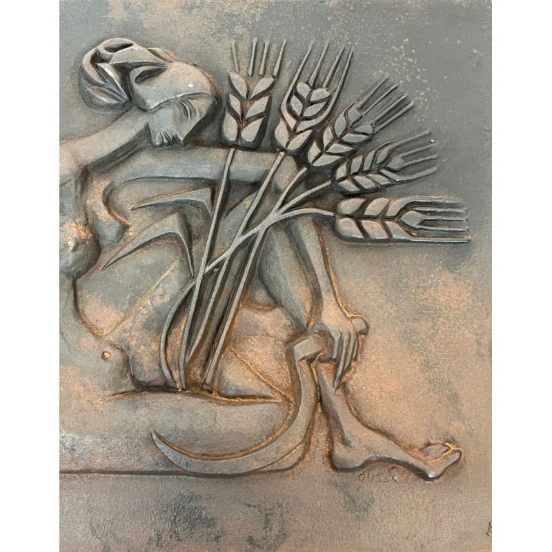 Modernist Cast Iron Fireback with Nude Woman Harvesting, Foundry Stern, Signed Quellier