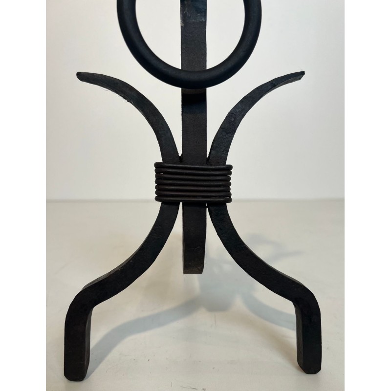 Paire de Chenets Modernistes en Fer Forgé à Finiales en Boucle, dans le Goût de Jean Royère