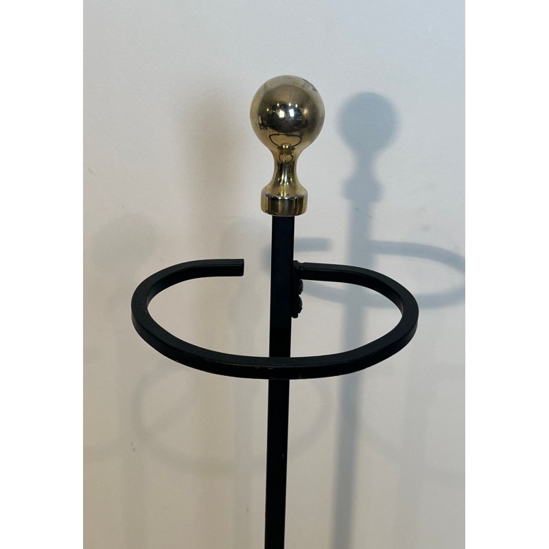 Modernist Black Lacquered Metal and Brass Fireplace Companion Set with Horseshoe Base