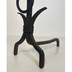 Pair of Modernist Wrought Iron Andirons with Loop Finials in the Style of Jean Royère