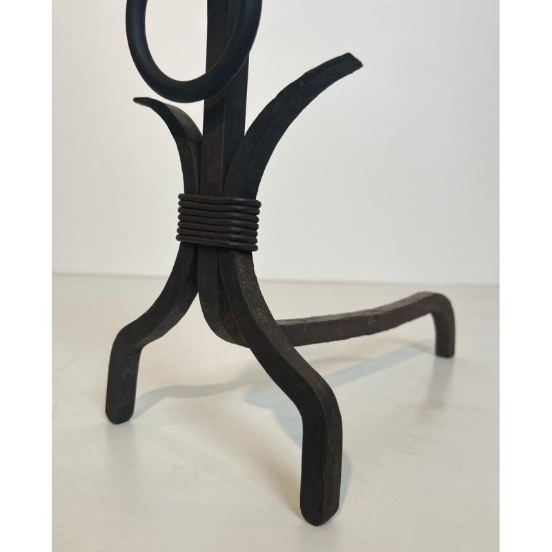 Pair of Modernist Wrought Iron Andirons with Loop Finials in the Style of Jean Royère