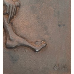 Modernist Cast Iron Fireback with Nude Woman Harvesting, Foundry Stern, Signed Quellier