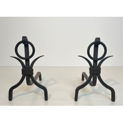 Pair of Modernist Wrought Iron Andirons with Loop Finials in the Style of Jean Royère