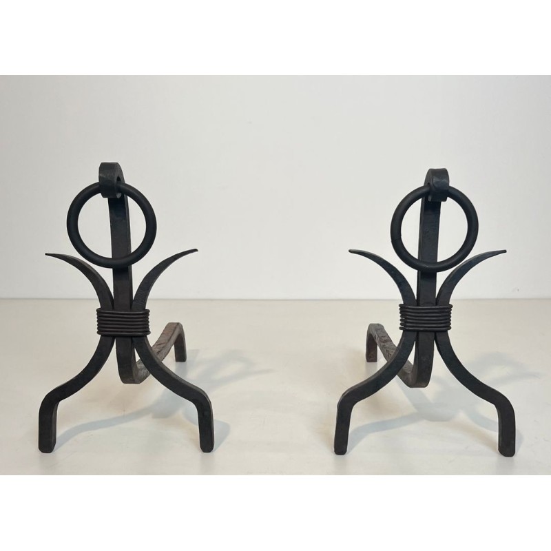 Pair of Modernist Wrought Iron Andirons with Loop Finials in the Style of Jean Royère