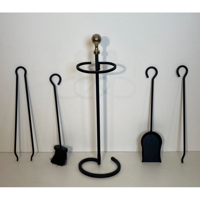 Modernist Black Lacquered Metal and Brass Fireplace Companion Set with Horseshoe Base
