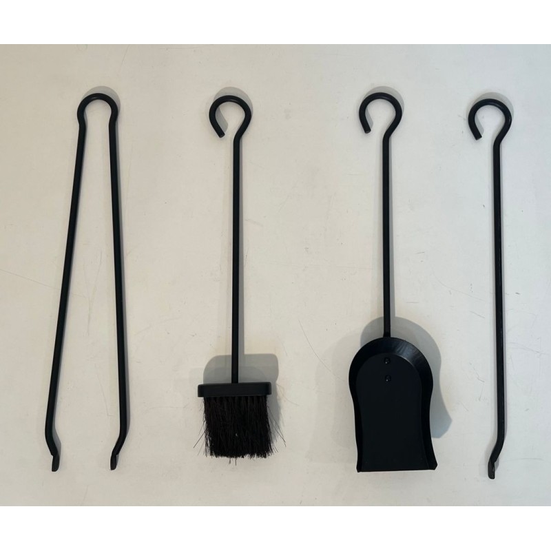 Nécessaire de Feu Moderniste en Métal Laqué Noir et Laiton à Base en Fer à Cheval