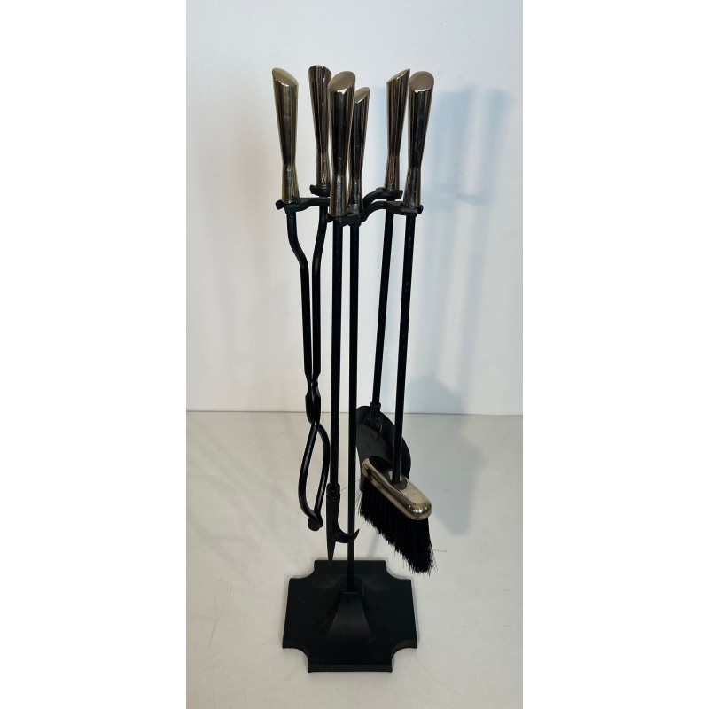 Modernist Black Lacquered Metal and Chrome Fireplace Companion Set with Diamond Finials