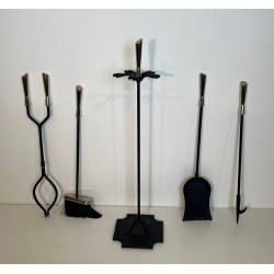 Modernist Black Lacquered Metal and Chrome Fireplace Companion Set with Diamond Finials