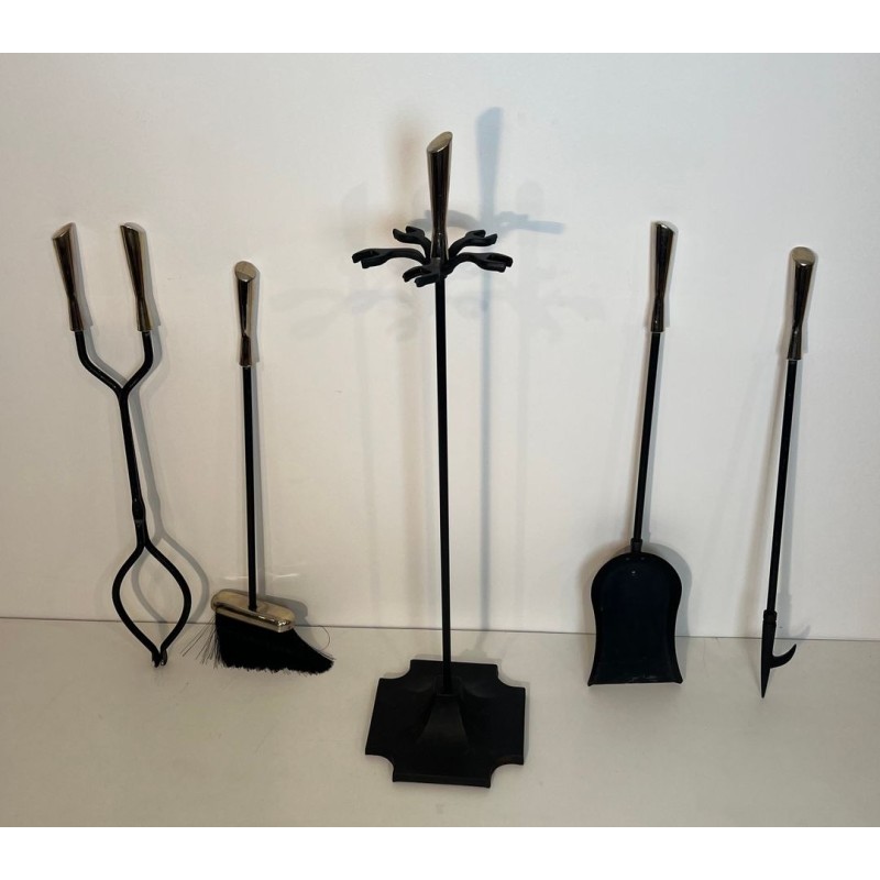 Modernist Black Lacquered Metal and Chrome Fireplace Companion Set with Diamond Finials