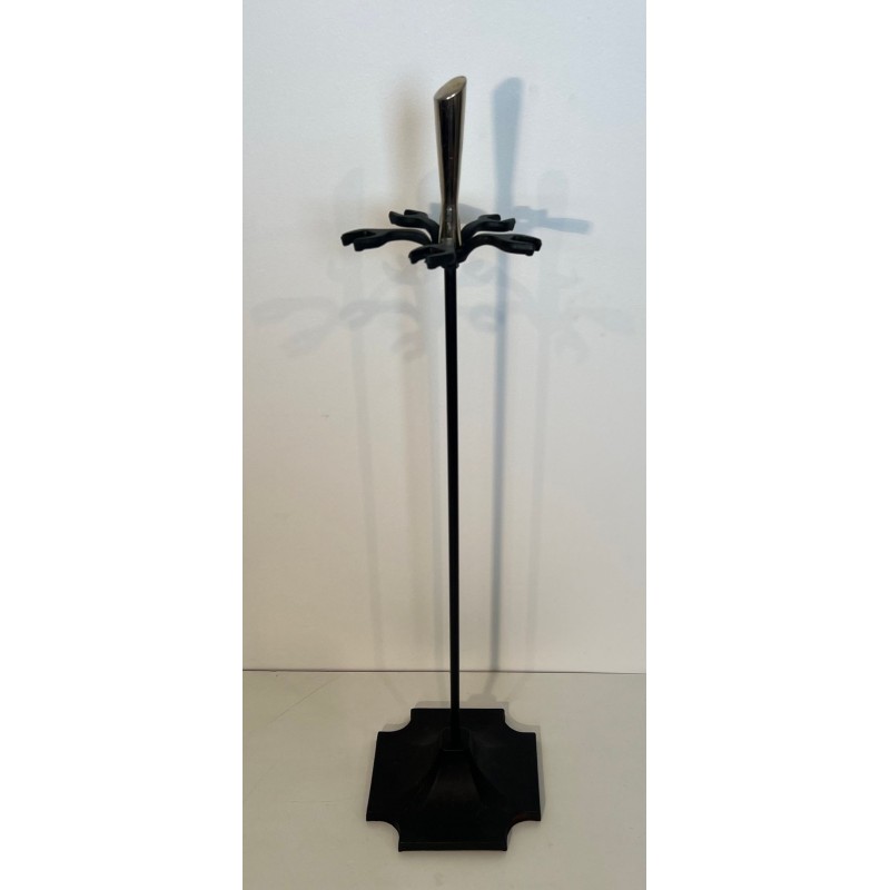 Nécessaire de Feu Moderniste en Métal Laqué Noir et Chrome à Finiales en Losange