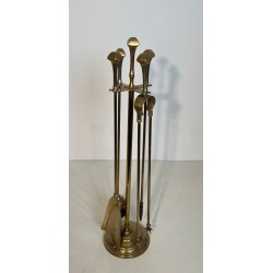 Neoclassical Style Brass Fireplace Companion Set with Disc Finials