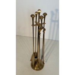 Neoclassical Style Brass Fireplace Companion Set with Disc Finials