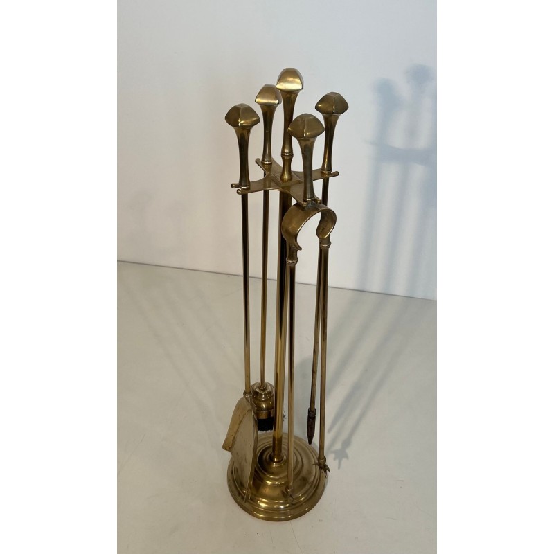 Neoclassical Style Brass Fireplace Companion Set with Disc Finials
