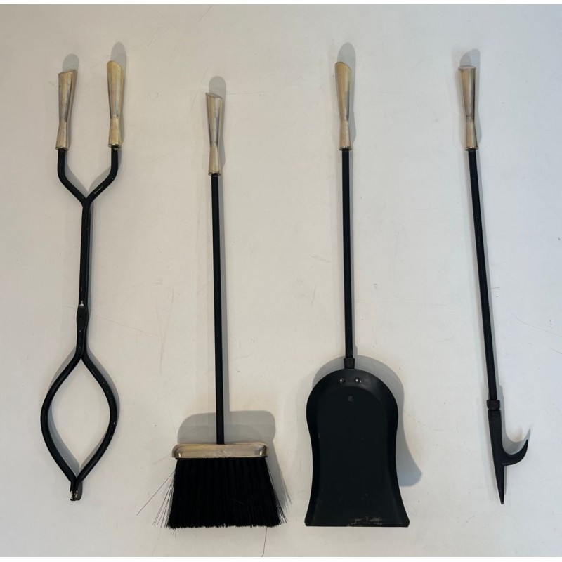 Modernist Black Lacquered Metal and Chrome Fireplace Companion Set with Diamond Finials