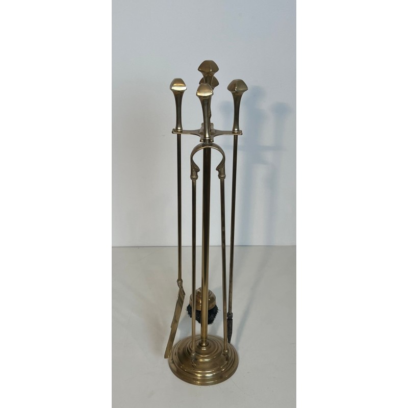 Neoclassical Style Brass Fireplace Companion Set with Disc Finials