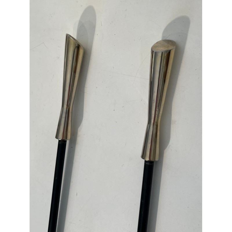 Modernist Black Lacquered Metal and Chrome Fireplace Companion Set with Diamond Finials