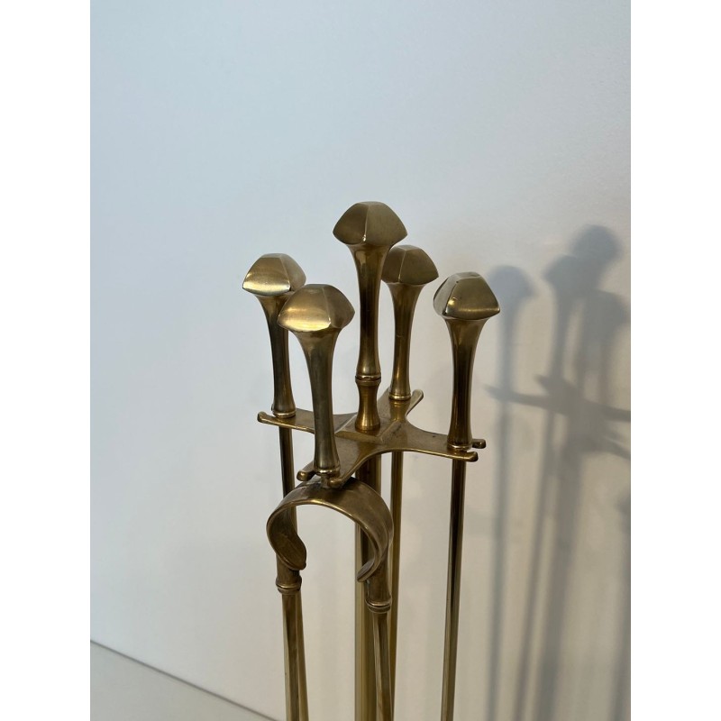 Neoclassical Style Brass Fireplace Companion Set with Disc Finials
