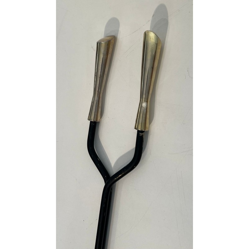 Nécessaire de Feu Moderniste en Métal Laqué Noir et Chrome à Finiales en Losange