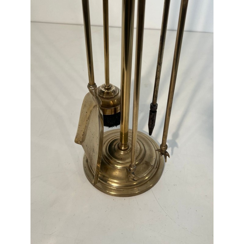Neoclassical Style Brass Fireplace Companion Set with Disc Finials